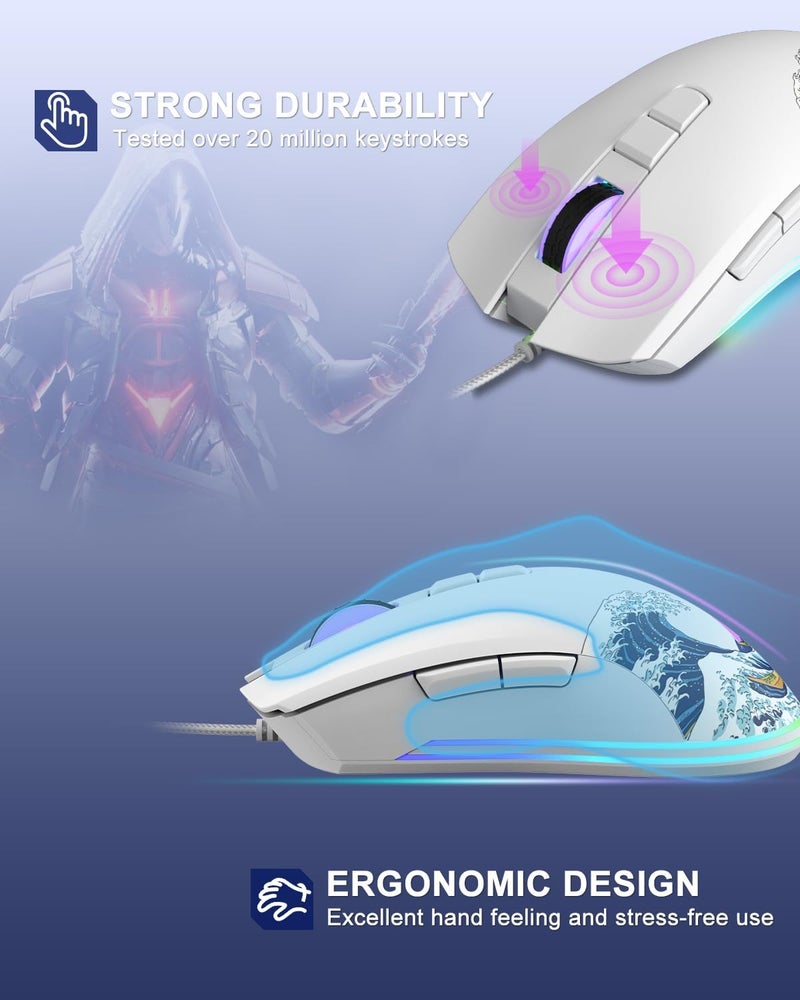 COSTOM Womier G705 USB Wired Gaming Mouse for PC Computer Windows Mac Laptop, Lightweight Silent RGB Backlit Mouse with Adjustable 12000DPI/7 Programmable Side Buttons,White Kanagawa Theme - Image 3